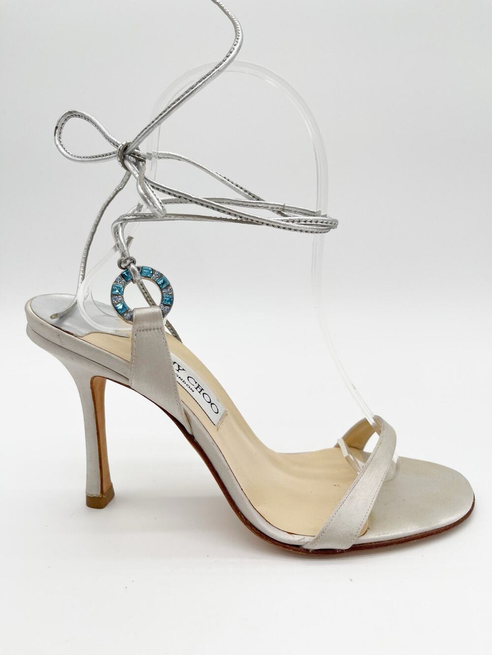 Jimmy Choo Vintage Platinum Silver Silk Crystal Ankle Tie Sandals Heels IT 37.5